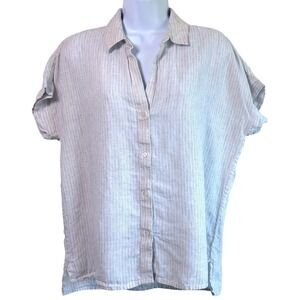 James Perse Womens Linen Striped Camp Shirt Sz 2 M Coastal Quiet Luxury Staple